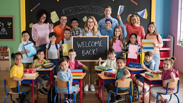 a group of children with a chalkboard that says welcome back back to school