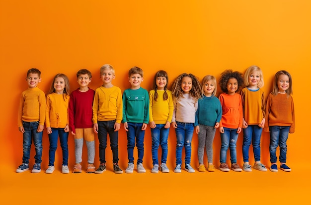 Photo a group of children with colorful shirts stand in a line against an orange wall