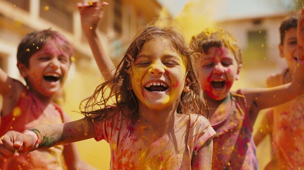 Photo a group of children with different colored powder on their faces