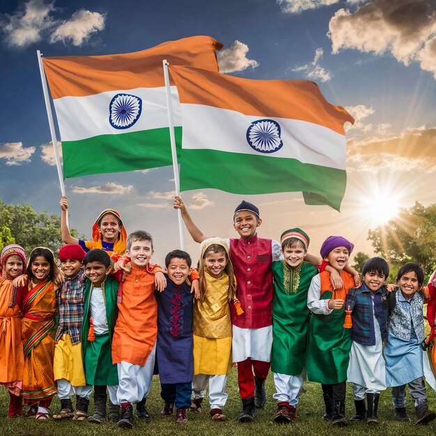 Photo a group of children with a flag that says  the national  on the front