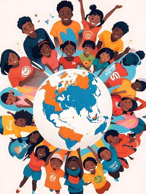 a group of children with a globe with the word e on it