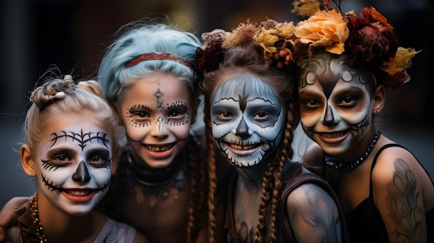 a group of children with painted faces are posing for a photo.