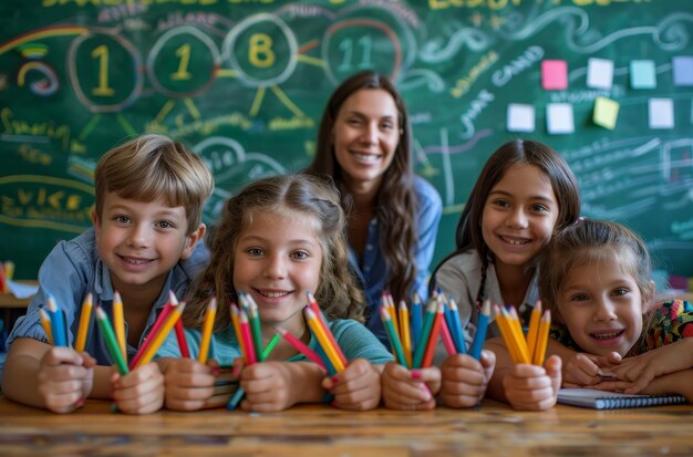 Photo a group of children with pencils in front of a chalkboard with the number 1 on it