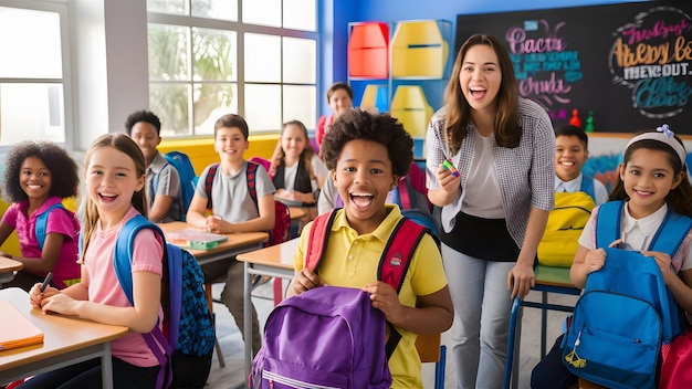 a group of children with purple backpacks and a sign that says  the word  on it