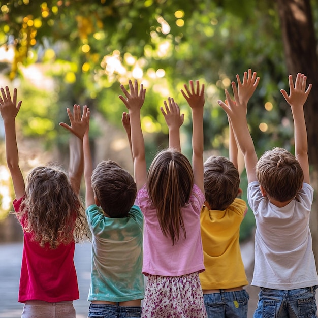 Photo a group of children with their arms up in the air