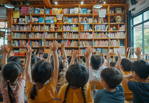 a group of children with their arms up in a library