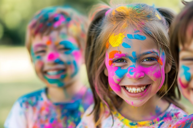 a group of children with their faces painted in different colors