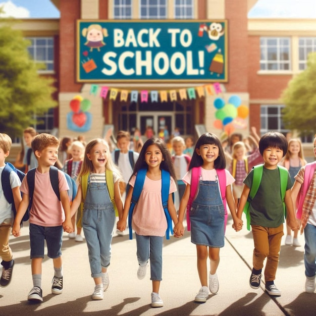 a group of children with the words back to school on a sign