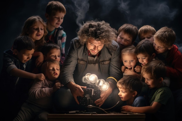 A group of children and a woman looking at a camera