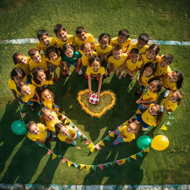 Photo a group of children in yellow shirts are standing in a circle with a heart in the middle