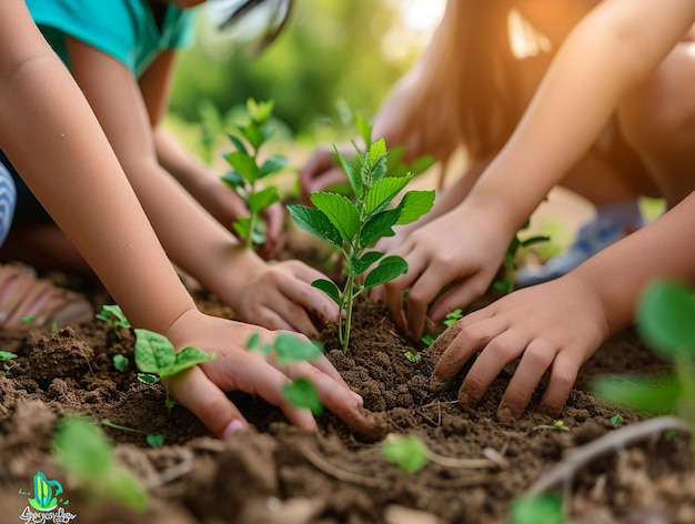 Group of childrens hands planting new trees in soil growth sustainability and environmental educati