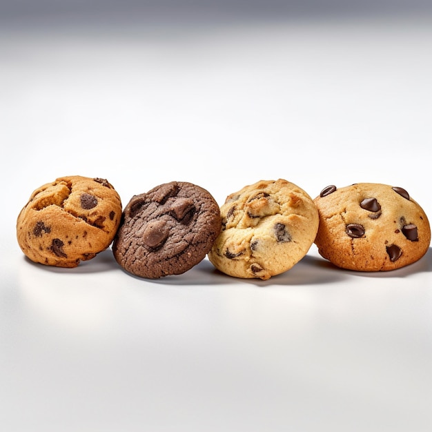 A group of chocolate chip cookies are lined up on a table.