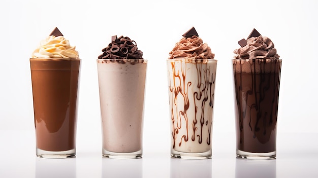 Photo a group of chocolate milkshake cups with chocolate on them