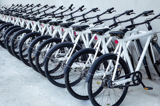 Group of clean and modern bicycle for rent in parking area healthy and business concept