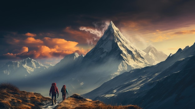 A group of climbers are walking to the top of the mountain