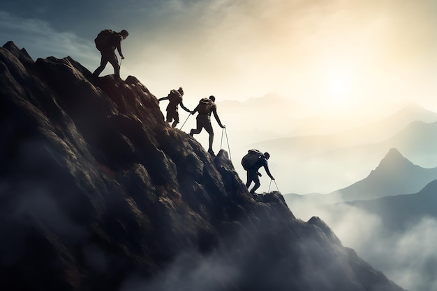 Group of climbers climbing to the top of the mountain Elements of this image furnished by NASA