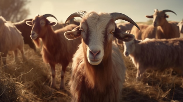 A group CLOSE UP BROWN AND WHITE of horned goats are gathered in a field IN SUNNY DAY