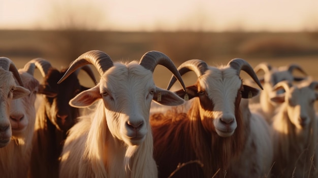 A group CLOSE UP BROWN AND WHITE of horned goats are gathered in a field IN SUNNY DAY