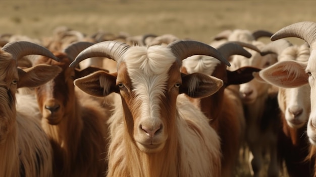 A group CLOSE UP BROWN AND WHITE of horned goats are gathered in a field IN SUNNY DAY