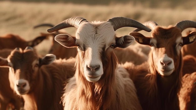 A group CLOSE UP BROWN AND WHITE of horned goats are gathered in a field IN SUNNY DAY