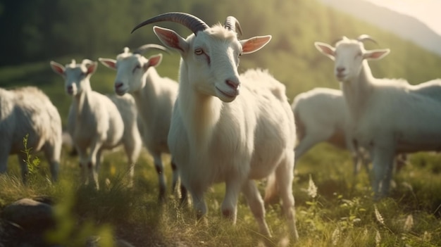 A group CLOSE UP BROWN AND WHITE of horned goats are gathered in a field IN SUNNY DAY