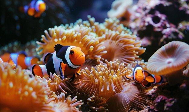 a group of clown fish are in an anemone