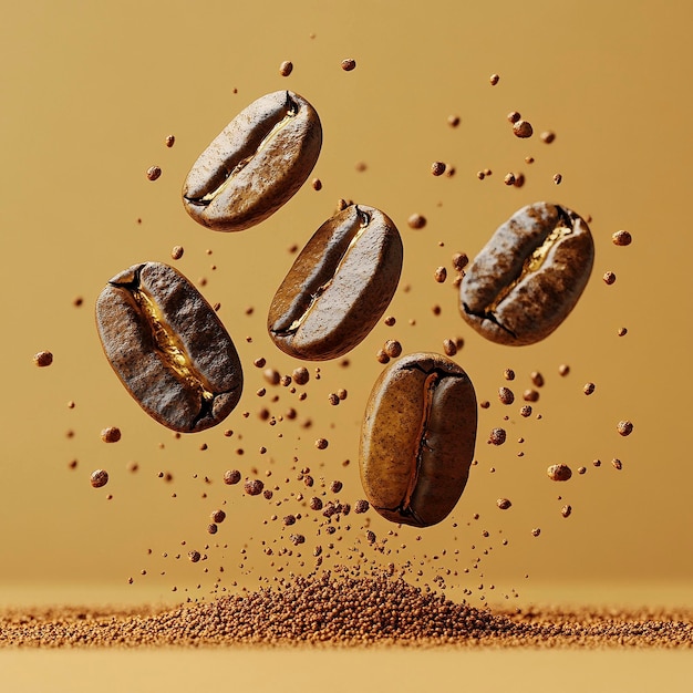 a group of coffee beans are in the air and the seeds are falling