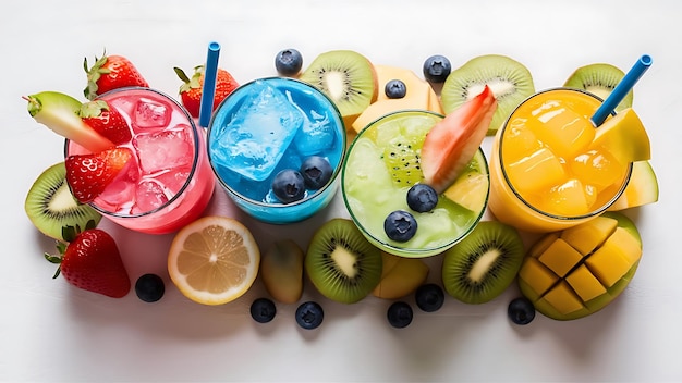 Group of cold colorful summer drinks with fruit isolated on a white background