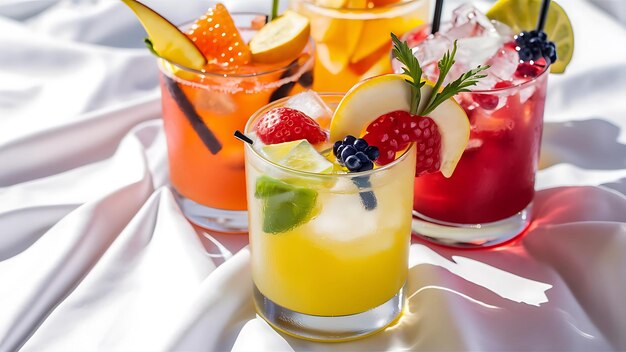 Group of cold colorful summer drinks with fruit isolated on a white background