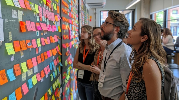 Photo a group of colleagues brainstorming with sticky notes on a wall