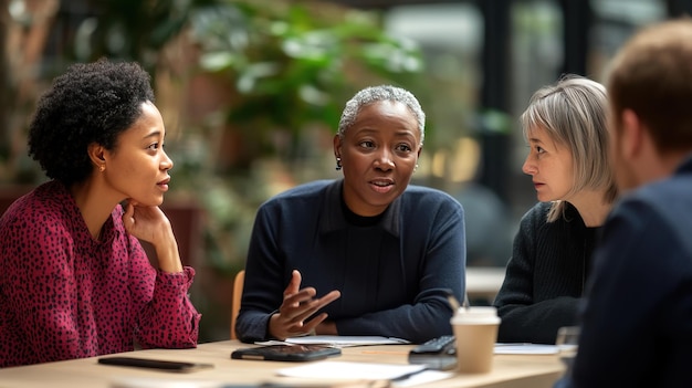 A group of colleagues engaged in a lively discussion sharing ideas and insights