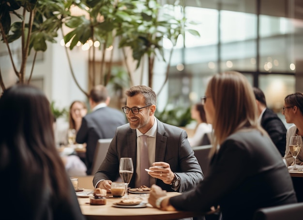 A group of colleagues in formal attire enjoys a corporate lunch gathering sharing conversation and networking