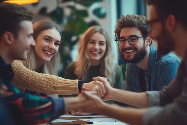 A group of colleagues shaking hands and smiling af