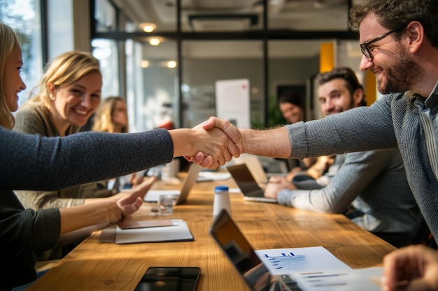 A group of colleagues shaking hands and smiling af