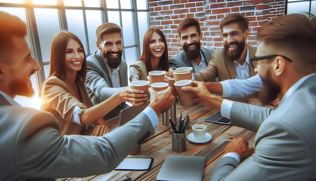 Group of colleagues toasting with coffee mugs during a team lunch concept as A candid shot capturing