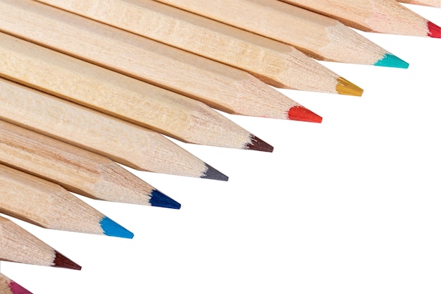 group of color pencils isolated on white background.