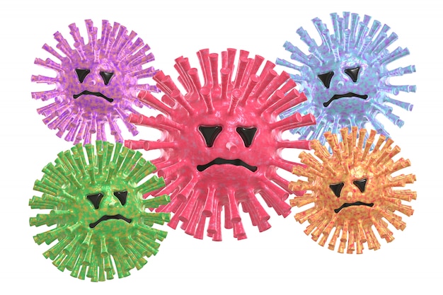 Group of colored atypical pneumonia virus molecule funny and scary character cartoon style with face. The concept of the disease, pandemic, flu, coronavirus.