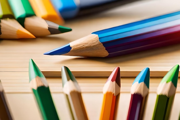 A group of colored pencils are lined up on a desk.