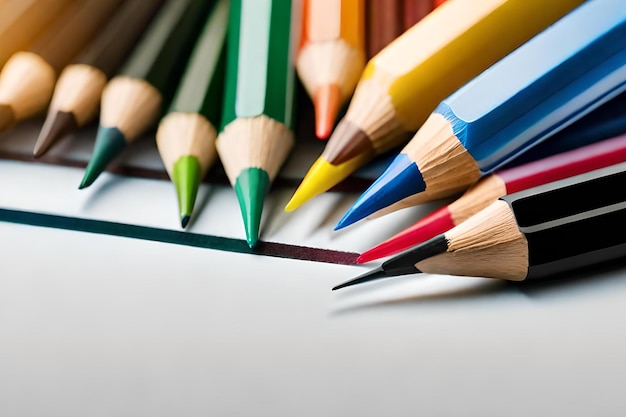 A group of colored pencils are lined up on a table.