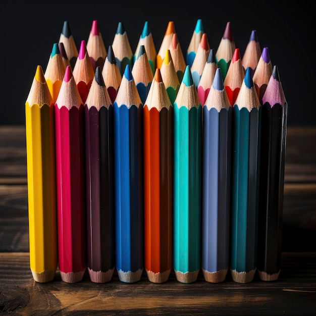 A Group of Colored Pencils Arranged Upright on a Wooden Surface