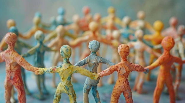 A group of colorful 3D printed people holding hands in a circle