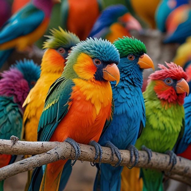 a group of colorful birds are on a branch with one of them has a blue green yellow and green blue an