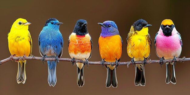 Photo a group of colorful birds are perched on a branch