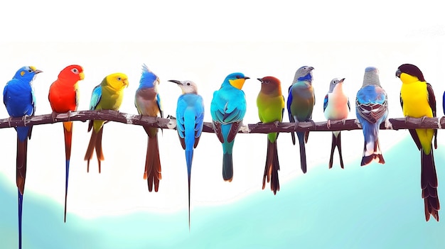 Photo a group of colorful birds are perched on a wire the birds are of different colors and sizes style image of different birds sitting in a single on a straight branch with a white background