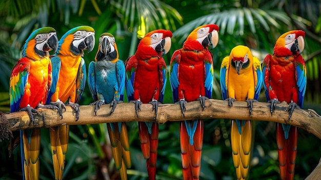 a group of colorful birds are sitting on a branch