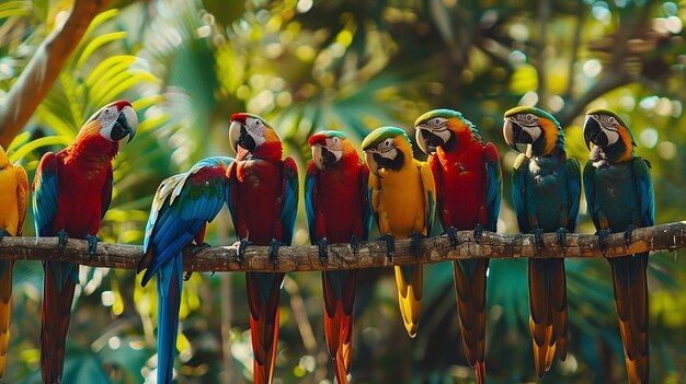 a group of colorful birds are sitting on a branch