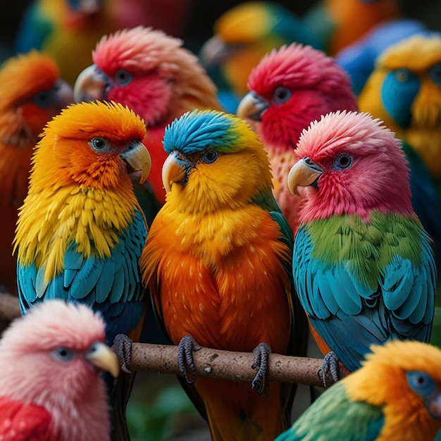 a group of colorful birds are sitting on a perch