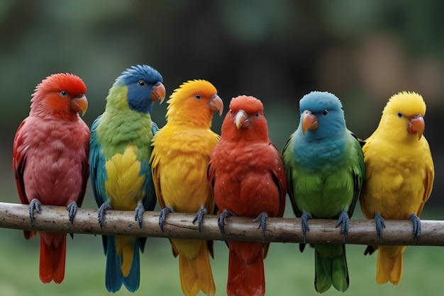 a group of colorful birds are on a wire and one of them has a blue yellow and green blue and red green blue and yellow bird