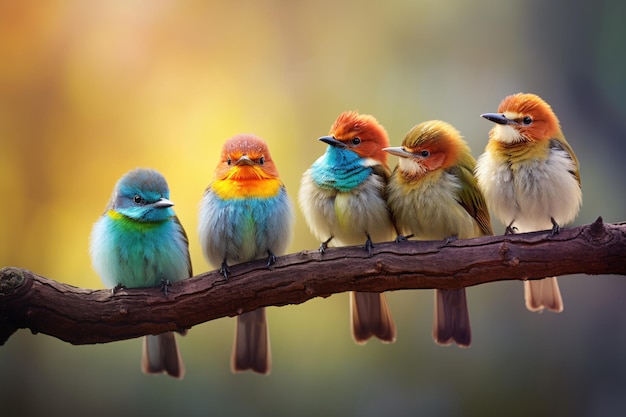 a group of colorful birds on a branch