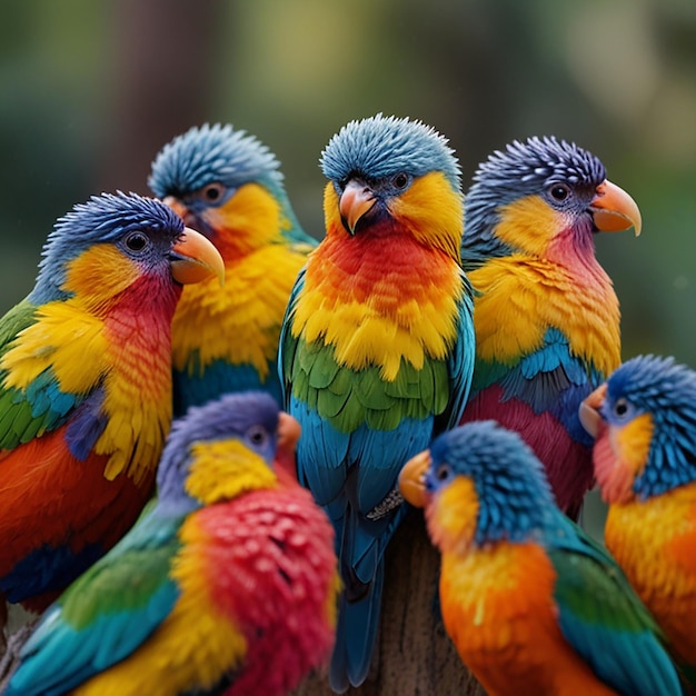 Photo a group of colorful birds sit on a tree branch